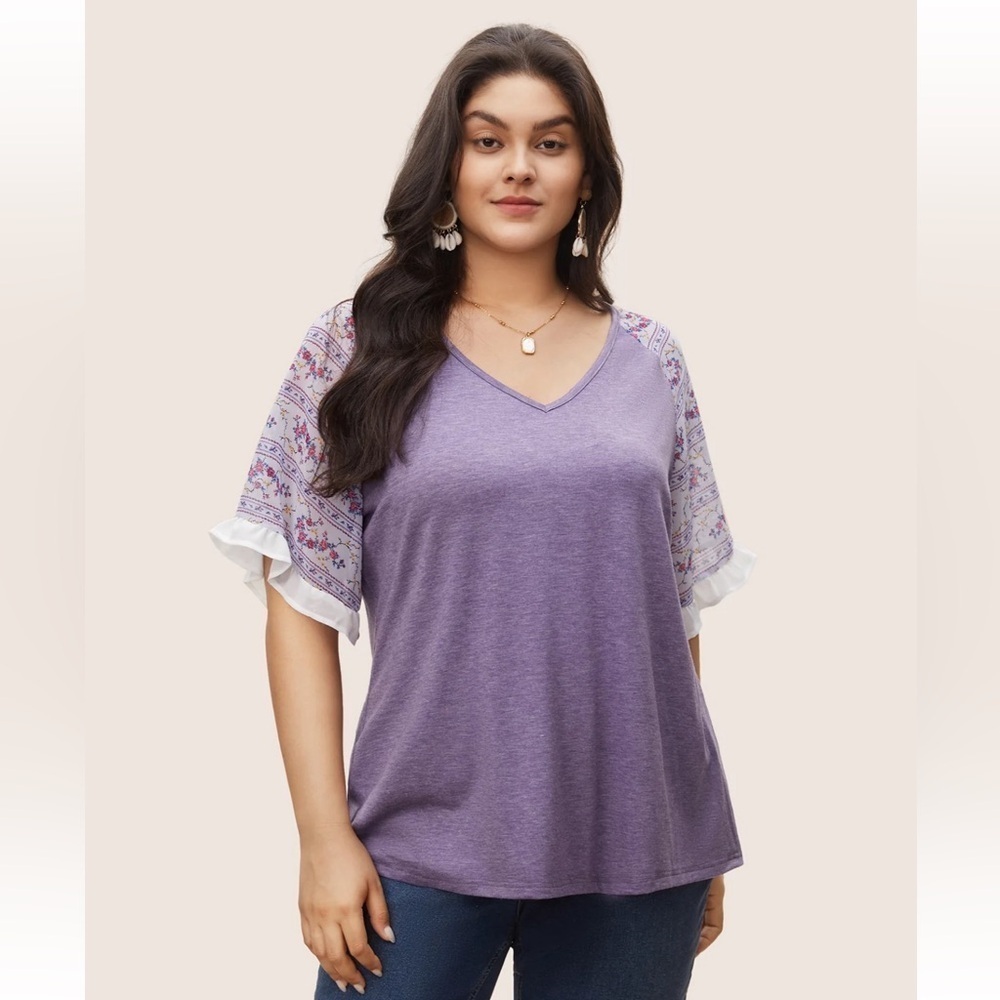 BloomChic Ditsy Floral Patchwork Frill Trim Raglan Sleeve T-shirt size 12